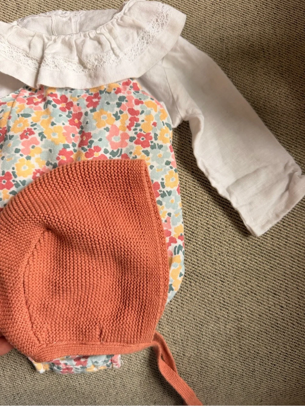 Baby Floral Romper with White Ruffled Collar and Coral Knit Bonnet
